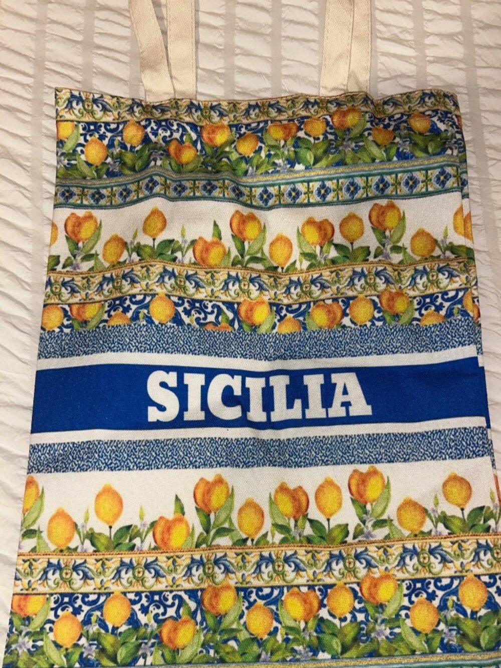 Authentic Sicily Lemon Canvas Tote Bag Majolica Tile Print Italy Souvenir